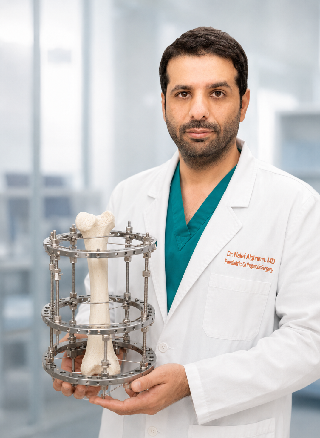 Patient standing with AxisFrame hexapod external fixator on the lower leg